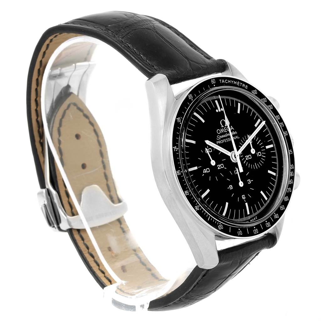The Omega Speedmaster 311.30.42.30.01.005 Men
s Stainless Steel Black Dial 311.30.42.30.01.005 Men
s Stainless Steel Black Dial watch is shown at a slight side angle, displaying its black dial, tachymeter bezel, and black leather strap.