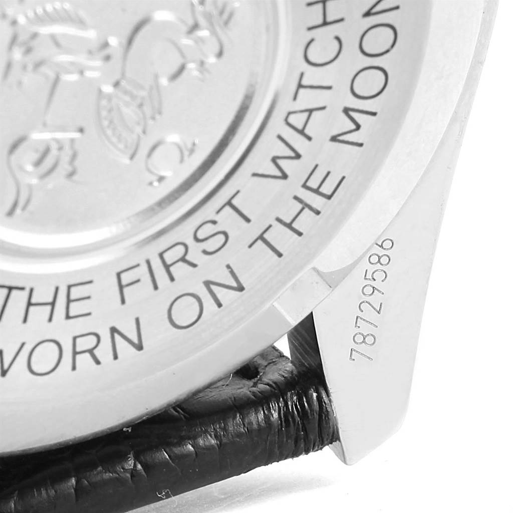 This image shows a close-up of the case back and part of the strap of the Omega Speedmaster 311.30.42.30.01.005 Men
s Stainless Steel Black Dial 311.30.42.30.01.005 Men
s Stainless Steel Black Dial watch.