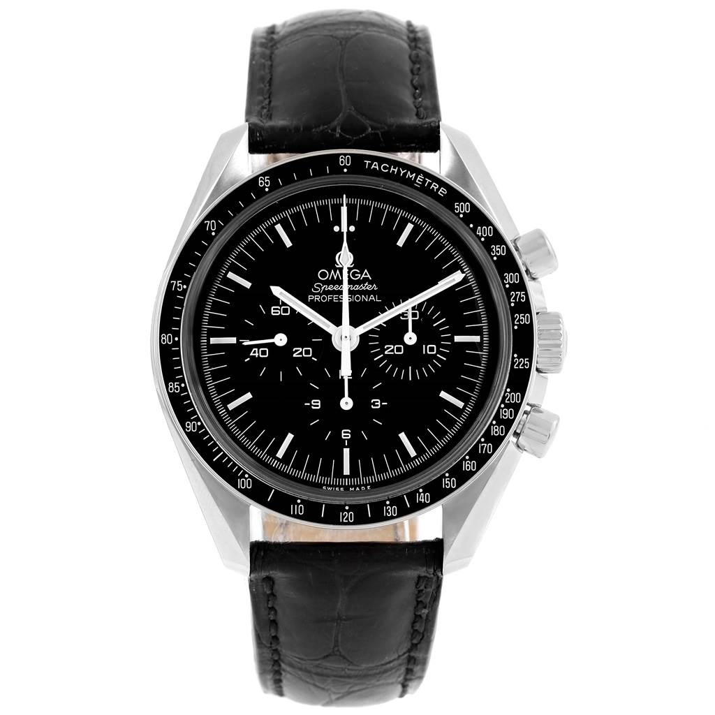 This image shows the Omega Speedmaster 311.30.42.30.01.005 Men
s Stainless Steel Black Dial 311.30.42.30.01.005 Men
s Stainless Steel Black Dial watch from a frontal angle, displaying the face, bezel, and strap.
