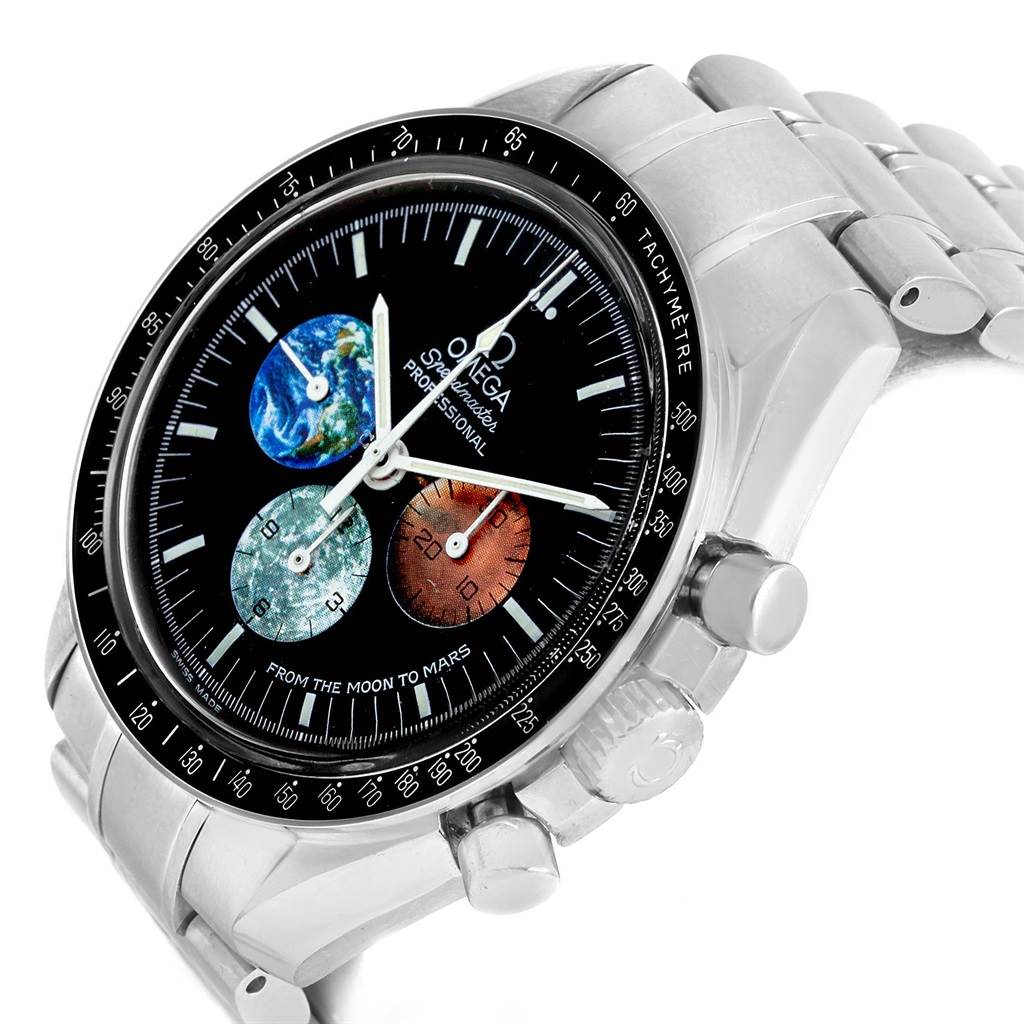 This image shows an angled view of the Omega Speedmaster 3577.50.00 Men's Stainless Steel Black Dial 3577.50.00 Men's Stainless Steel Black Dial watch, highlighting the dial, bezel, pushers, and bracelet.