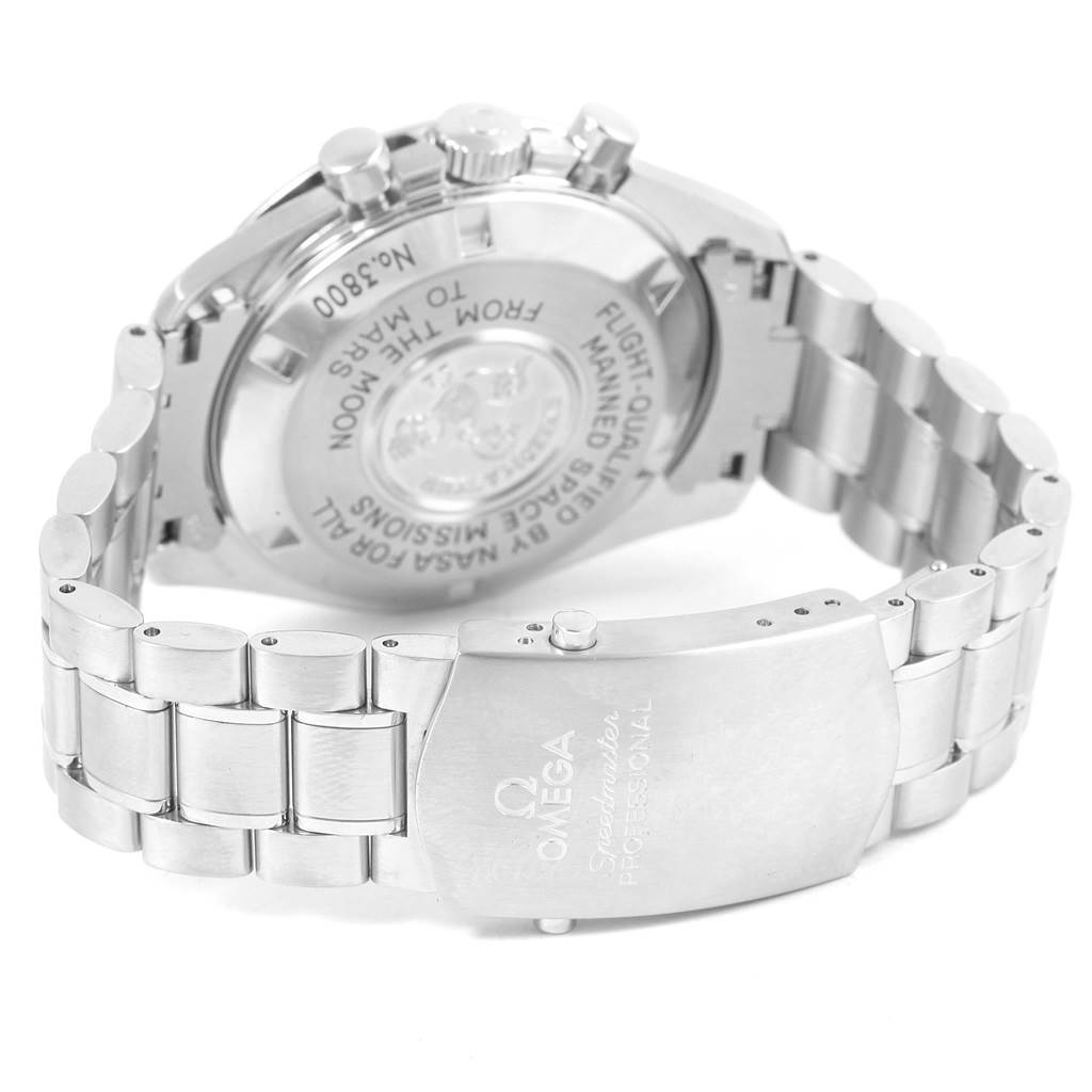 The image shows the back case and metallic bracelet of the Omega Speedmaster 3577.50.00 Men's Stainless Steel Black Dial 3577.50.00 Men's Stainless Steel Black Dial watch from a rear angle.