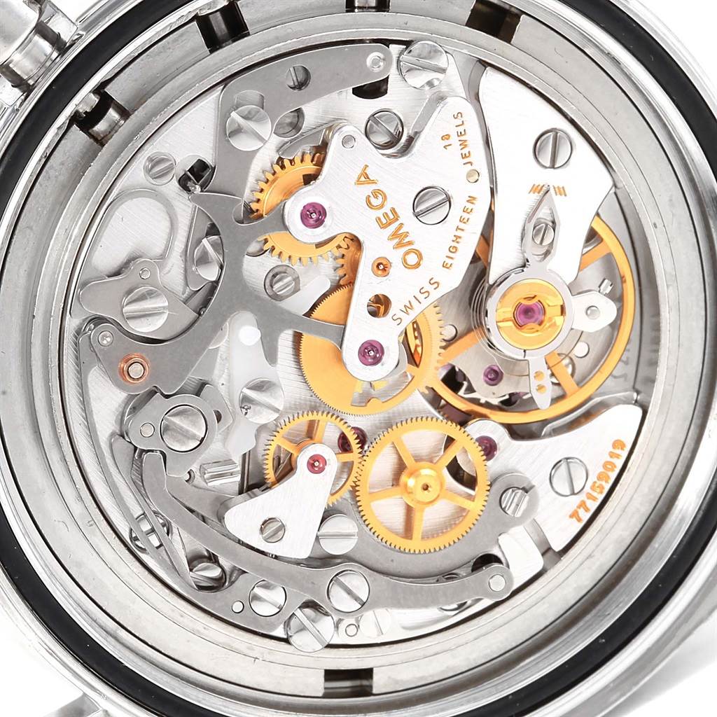 This image shows a close-up of the Omega Speedmaster 3577.50.00 Men's Stainless Steel Black Dial 3577.50.00 Men's Stainless Steel Black Dial's movement with gears and jewels visible on the backside.