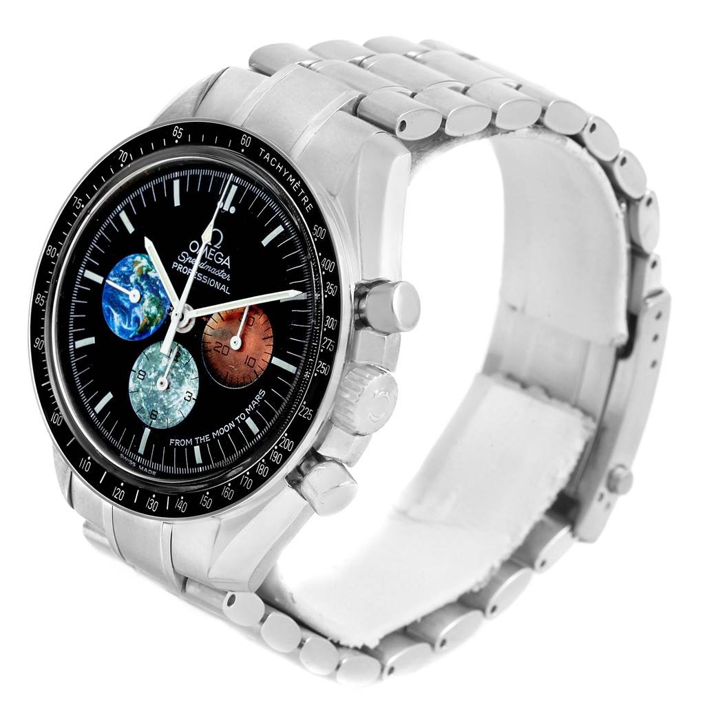 The image shows an angled view of an Omega Speedmaster 3577.50.00 Men's Stainless Steel Black Dial 3577.50.00 Men's Stainless Steel Black Dial watch, displaying the face, case, and metal bracelet.