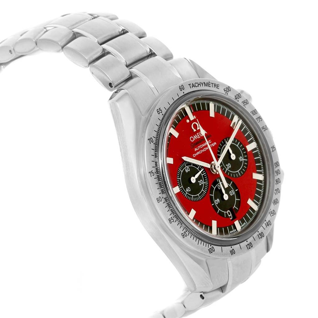 The image shows a side angle of an Omega Speedmaster 3506.61.00 Men's Stainless Steel Red Dial 3506.61.00 Men's Stainless Steel Red Dial watch, highlighting its red dial, tachymeter bezel, and bracelet.