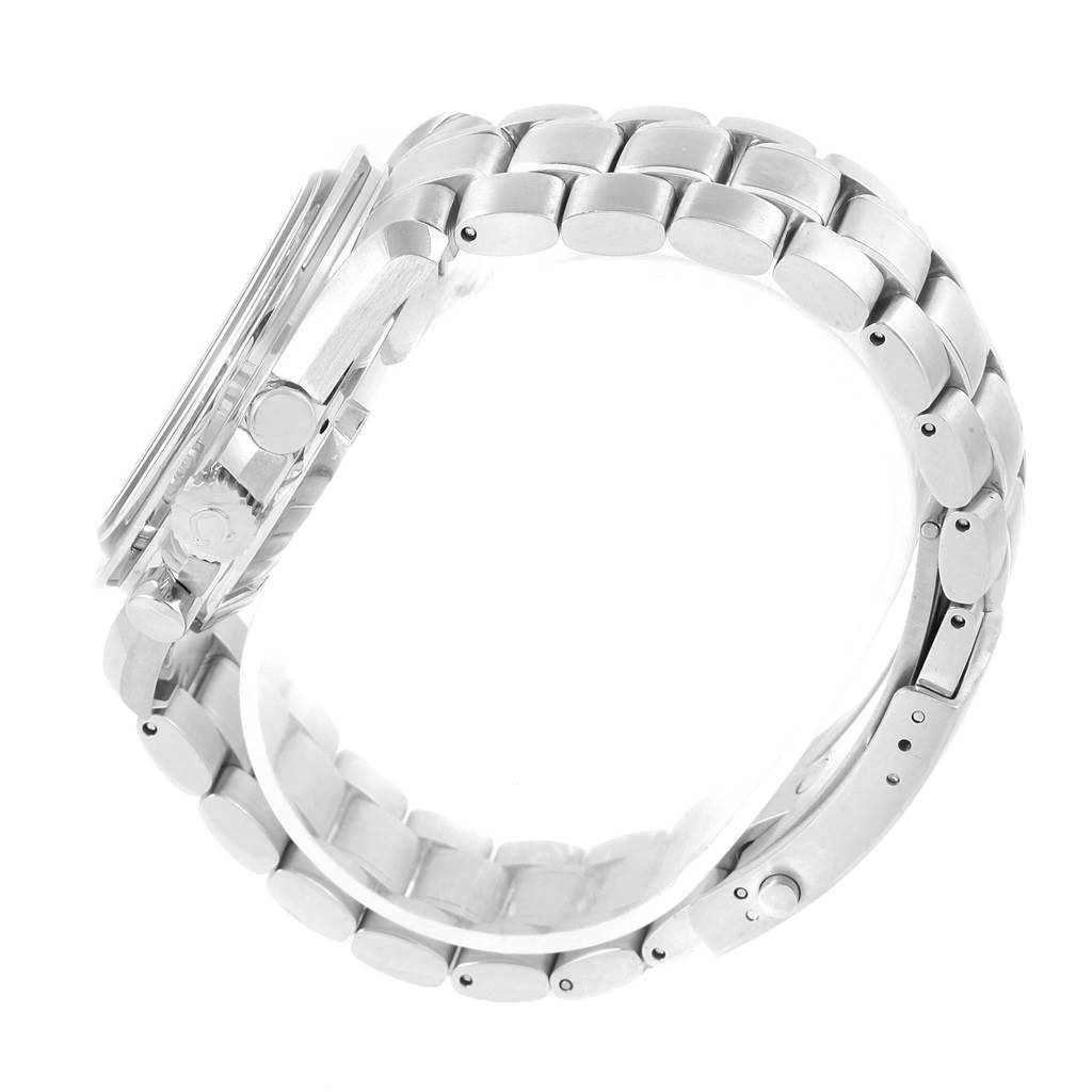 The image shows a side view of an Omega Speedmaster 3506.61.00 Men's Stainless Steel Red Dial 3506.61.00 Men's Stainless Steel Red Dial watch, highlighting its metal bracelet and side profile of the case.