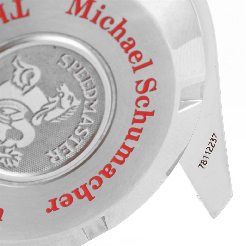 The image shows a close-up of the Omega Speedmaster 3506.61.00 Men's Stainless Steel Red Dial 3506.61.00 Men's Stainless Steel Red Dial's case back, highlighting the logo, "Speedmaster" text, and serial number.