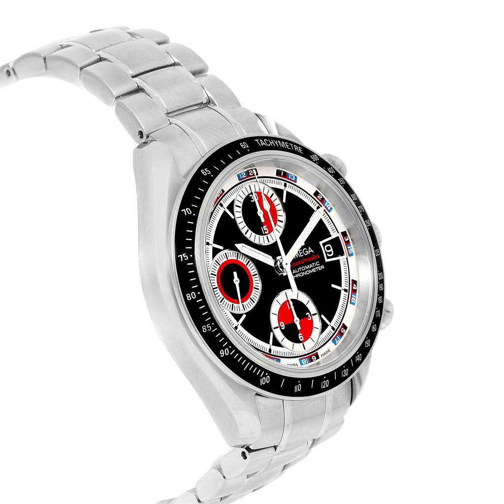 The Omega Speedmaster 3210.52.00 Men
s Stainless Steel Black Dial 3210.52.00 Men
s Stainless Steel Black Dial watch is shown at a 3/4 angle, displaying the dial, chronographs, and part of the stainless steel bracelet.