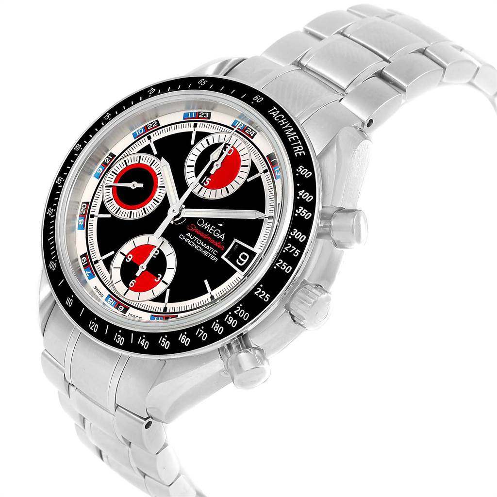 The image shows an angled view of the Omega Speedmaster 3210.52.00 Men
s Stainless Steel Black Dial 3210.52.00 Men
s Stainless Steel Black Dial, highlighting its dial, subdials, tachymeter, and metal bracelet.