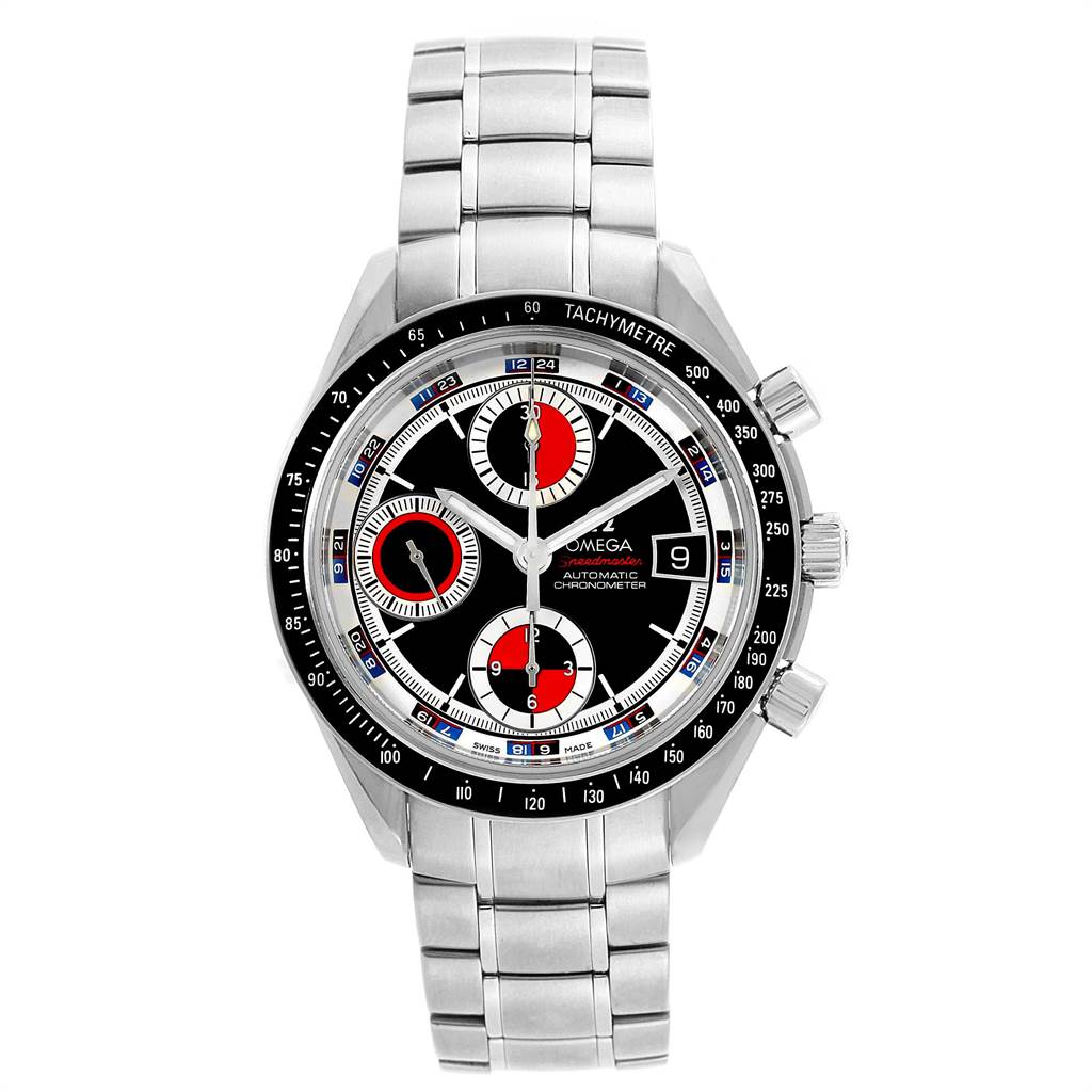 This image shows a front view of an Omega Speedmaster 3210.52.00 Men
s Stainless Steel Black Dial 3210.52.00 Men
s Stainless Steel Black Dial watch, displaying its dial, chronograph subdials, and stainless steel bracelet.