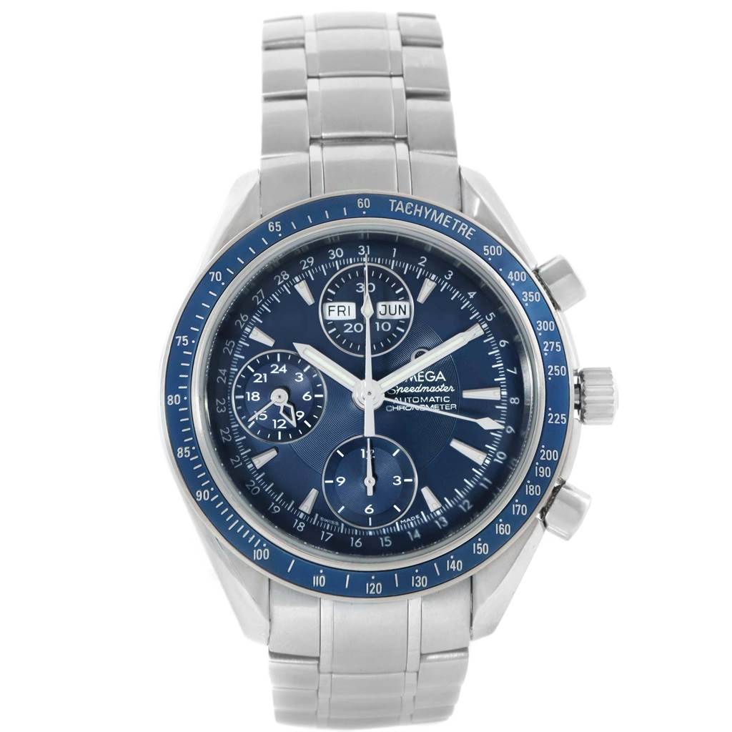 The image shows a front view of an Omega Speedmaster 3222.80.00 Men
s Stainless Steel Blue Dial 3222.80.00 Men
s Stainless Steel Blue Dial watch, including its dial, bezel, and metal strap.