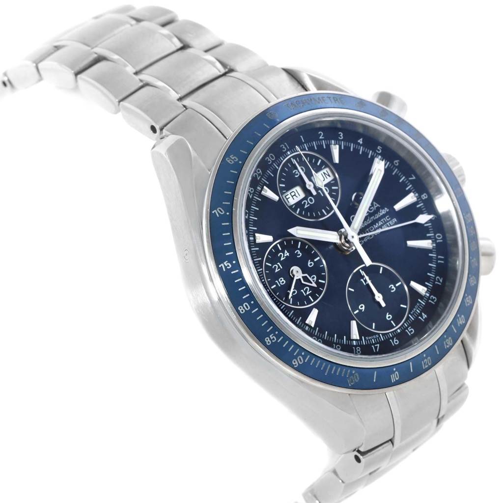 The Omega Speedmaster 3222.80.00 Men
s Stainless Steel Blue Dial 3222.80.00 Men
s Stainless Steel Blue Dial watch is shown at a three-quarter side angle highlighting its face, bezel, and metal bracelet.