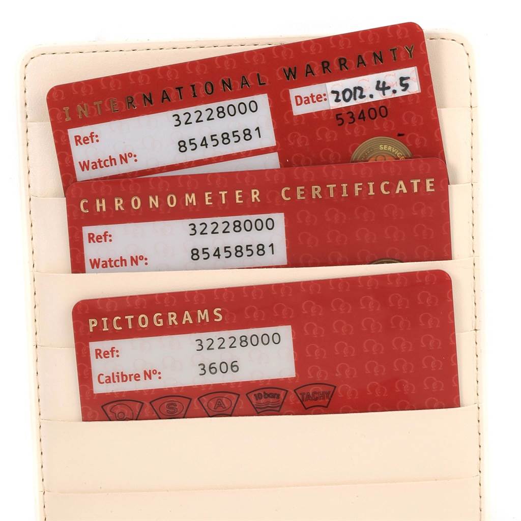 The image shows International Warranty, Chronometer Certificate, and Pictograms cards for the Omega Speedmaster 3222.80.00 Men
s Stainless Steel Blue Dial 3222.80.00 Men
s Stainless Steel Blue Dial watch model.