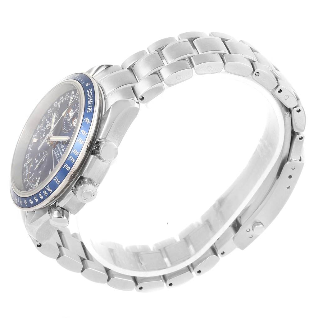 The Omega Speedmaster 3222.80.00 Men
s Stainless Steel Blue Dial 3222.80.00 Men
s Stainless Steel Blue Dial watch is shown from a side angle, highlighting its bezel, crown, pushers, and metal bracelet.