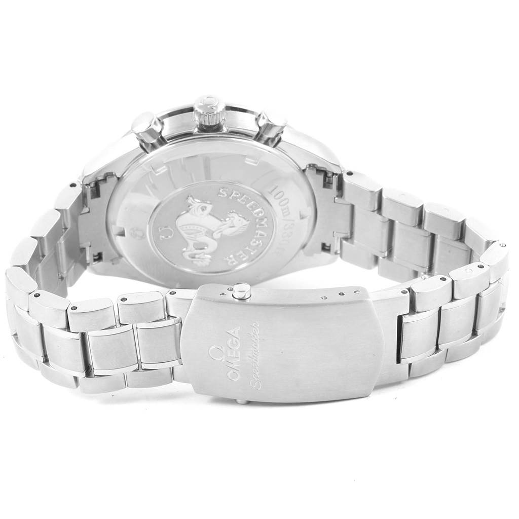 The image shows the back of an Omega Speedmaster 3222.80.00 Men
s Stainless Steel Blue Dial 3222.80.00 Men
s Stainless Steel Blue Dial watch with its metal bracelet and clasp.