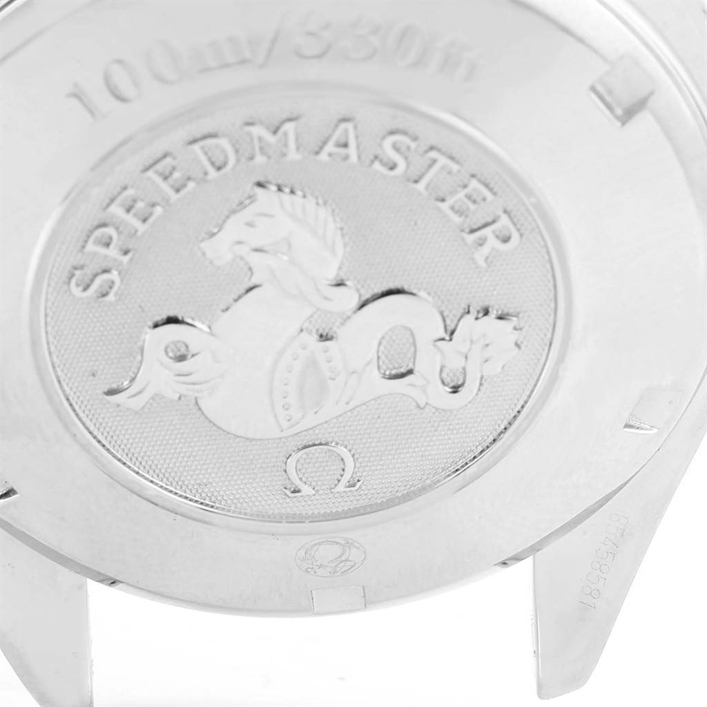 The image shows the case back of an Omega Speedmaster 3222.80.00 Men
s Stainless Steel Blue Dial 3222.80.00 Men
s Stainless Steel Blue Dial watch, featuring the engraved seahorse emblem and "Speedmaster" text.