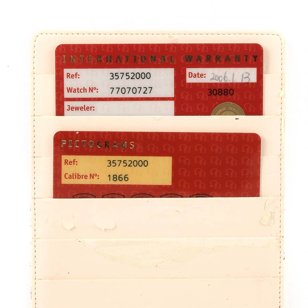 This image shows the international warranty and pictograms cards for an Omega Speedmaster 3575.20.00 Men's Stainless Steel White Dial 3575.20.00 Men's Stainless Steel White Dial model.