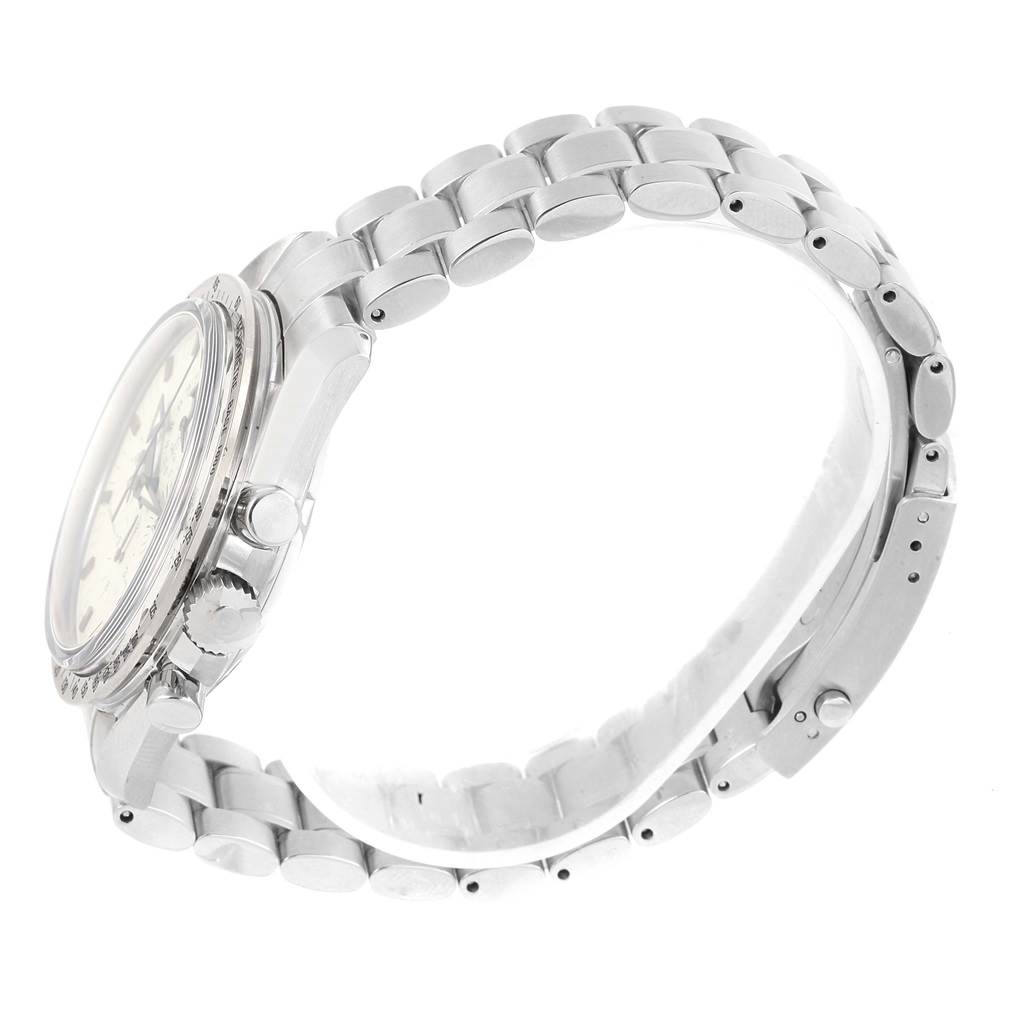 The image shows a side view of the Omega Speedmaster 3575.20.00 Men's Stainless Steel White Dial 3575.20.00 Men's Stainless Steel White Dial, highlighting its metal bracelet, case, crown, and pushers.
