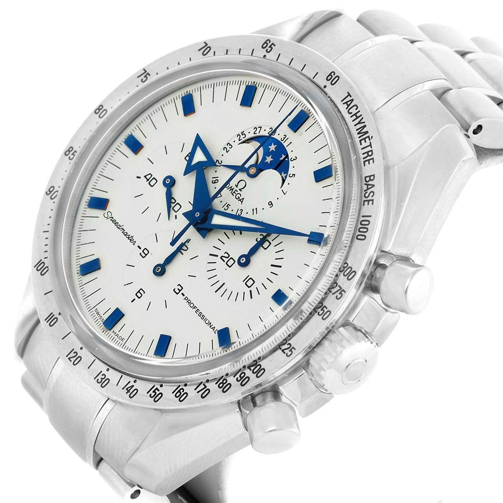 This image shows a close-up of the Omega Speedmaster 3575.20.00 Men's Stainless Steel White Dial 3575.20.00 Men's Stainless Steel White Dial watch at an angled perspective, highlighting the dial, bezel, buttons, and part of the bracelet.