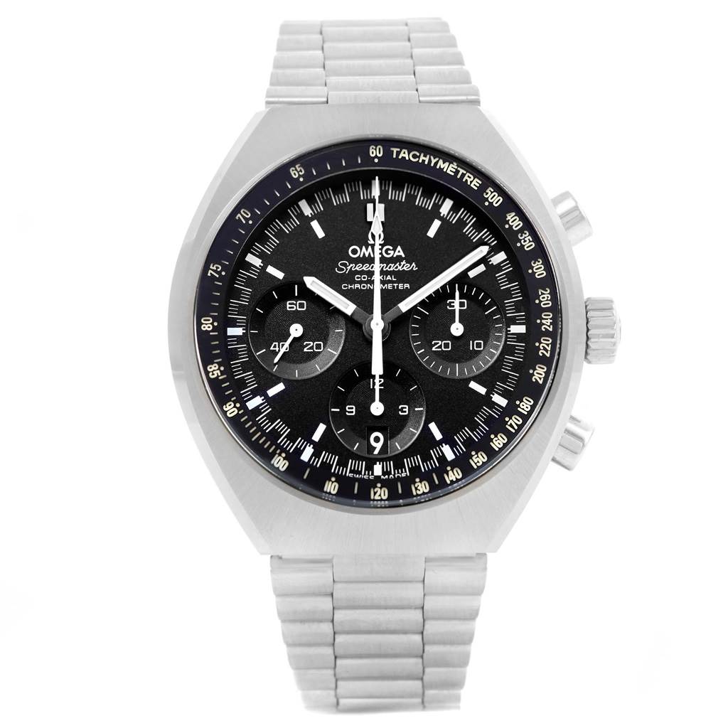 This image shows the full face and band of an Omega Speedmaster 327.10.43.50.01.001 Men's Stainless Steel Black Dial 327.10.43.50.01.001 Men's Stainless Steel Black Dial watch from a front angle.