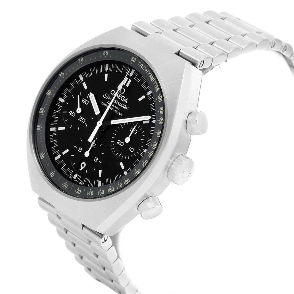 The image shows an Omega Speedmaster 327.10.43.50.01.001 Men's Stainless Steel Black Dial 327.10.43.50.01.001 Men's Stainless Steel Black Dial watch from a side angle, highlighting the case, dial, and bracelet.