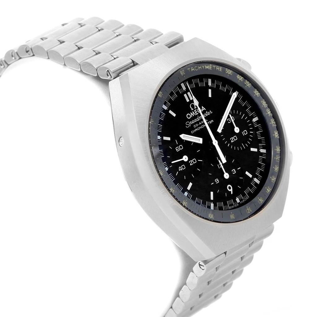 The image shows an angled view of the Omega Speedmaster 327.10.43.50.01.001 Men's Stainless Steel Black Dial 327.10.43.50.01.001 Men's Stainless Steel Black Dial, highlighting its bracelet, case, and black dial with subdials.