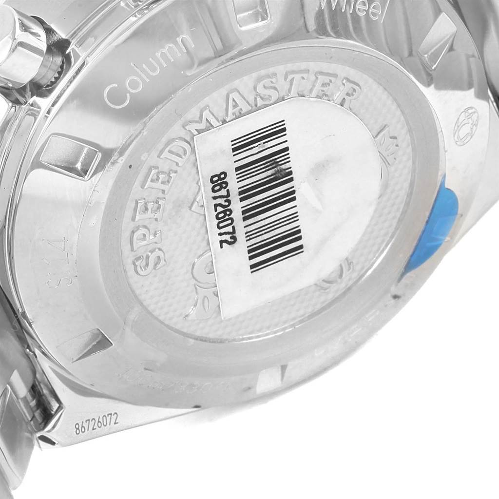 The image shows the back case of an Omega Speedmaster 327.10.43.50.01.001 Men's Stainless Steel Black Dial 327.10.43.50.01.001 Men's Stainless Steel Black Dial watch, featuring its engraved branding and a barcode sticker.