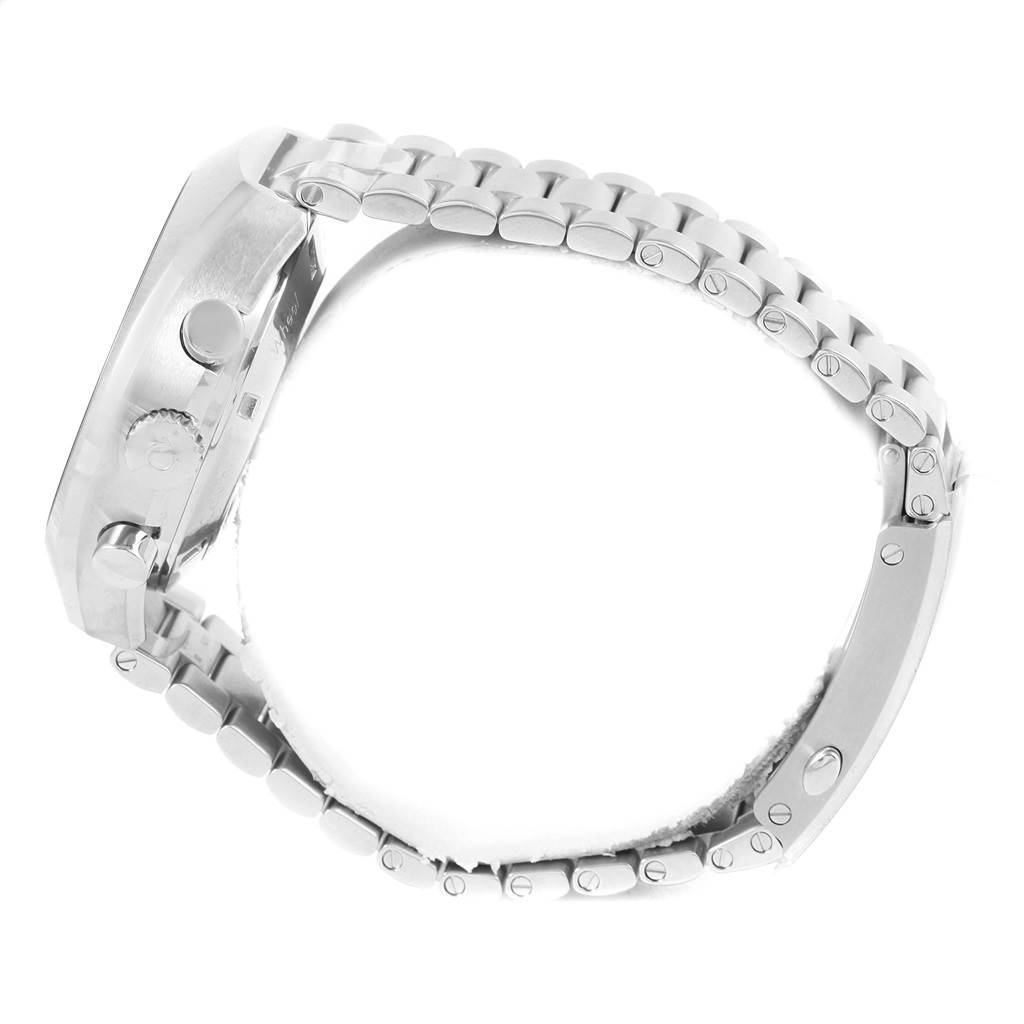 The Omega Speedmaster 327.10.43.50.01.001 Men's Stainless Steel Black Dial 327.10.43.50.01.001 Men's Stainless Steel Black Dial watch is shown from the side angle, highlighting the case, crown, pushers, and metal bracelet.