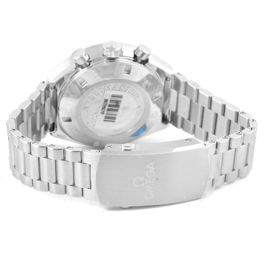 The image shows the back side of the Omega Speedmaster 327.10.43.50.01.001 Men's Stainless Steel Black Dial 327.10.43.50.01.001 Men's Stainless Steel Black Dial watch, highlighting its clasp and bracelet.