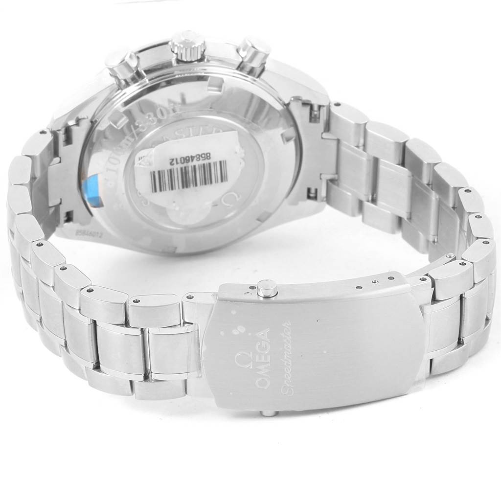 The image shows the back case and bracelet of an Omega Speedmaster 323.30.40.40.06.001 Men's Stainless Steel Grey Dial 323.30.40.40.06.001 Men's Stainless Steel Grey Dial watch, highlighting the clasp and push buttons.