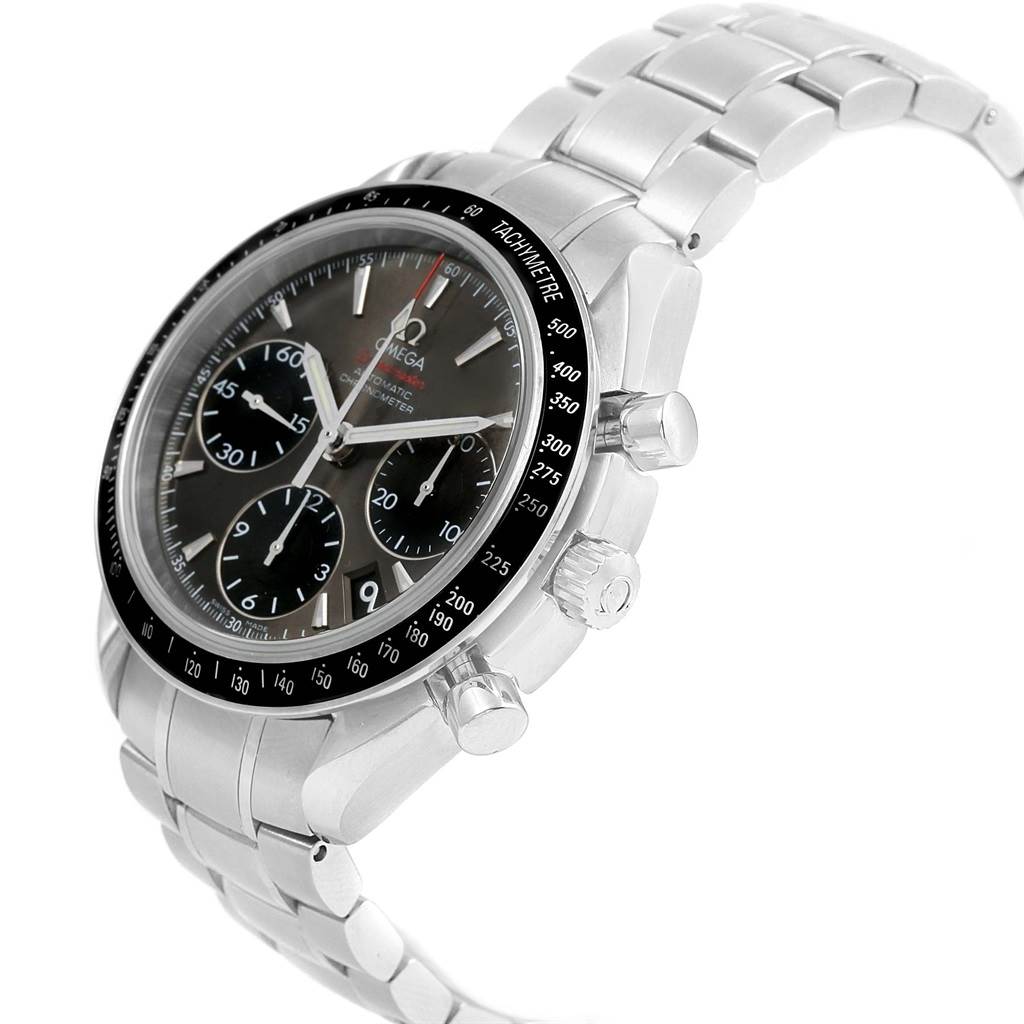 The image shows a side view of an Omega Speedmaster 323.30.40.40.06.001 Men's Stainless Steel Grey Dial 323.30.40.40.06.001 Men's Stainless Steel Grey Dial watch, highlighting its dial, crown, pushers, and metal bracelet.