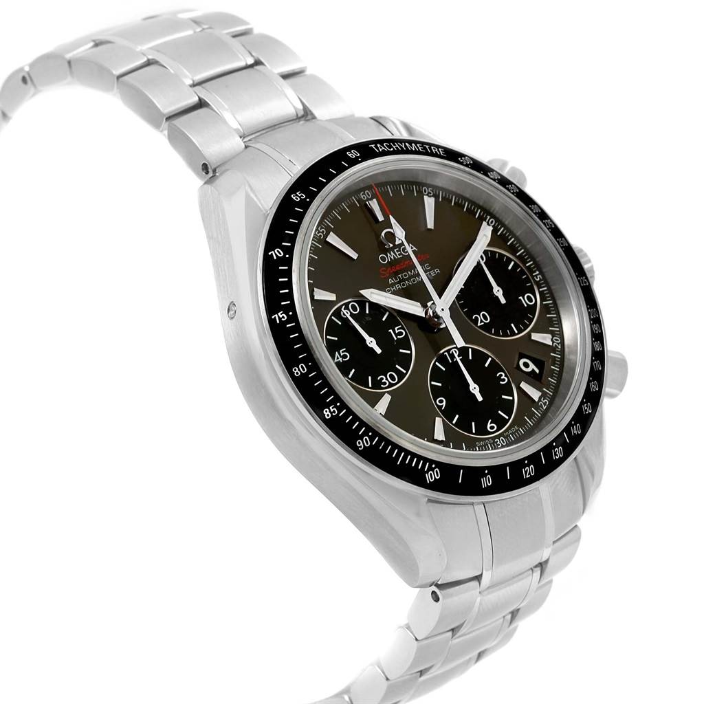The image shows an Omega Speedmaster 323.30.40.40.06.001 Men's Stainless Steel Grey Dial 323.30.40.40.06.001 Men's Stainless Steel Grey Dial watch from an oblique angle, highlighting the face, bezel, and bracelet.