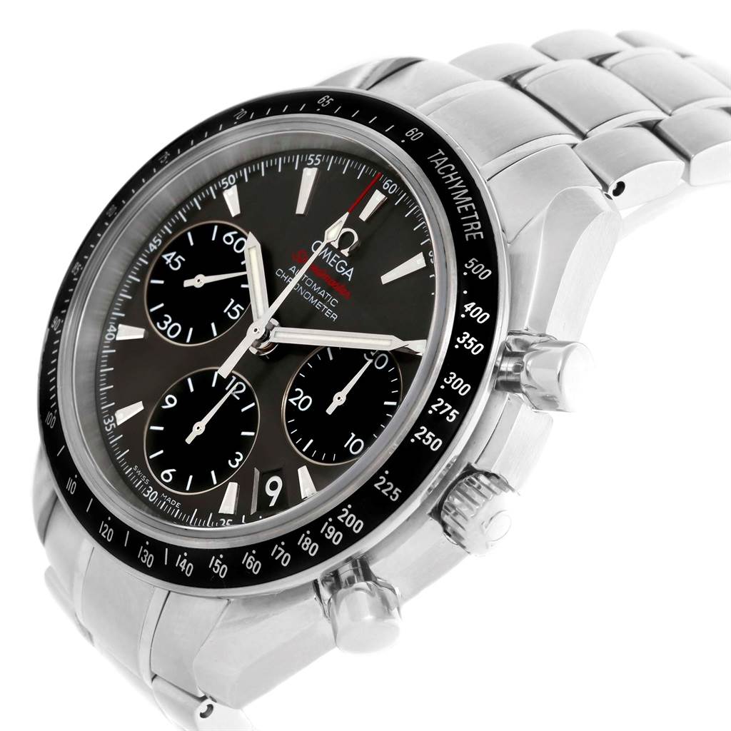 The image shows an angled close-up of the Omega Speedmaster 323.30.40.40.06.001 Men's Stainless Steel Grey Dial 323.30.40.40.06.001 Men's Stainless Steel Grey Dial watch, highlighting the dial, bezel, and chronograph pushers.