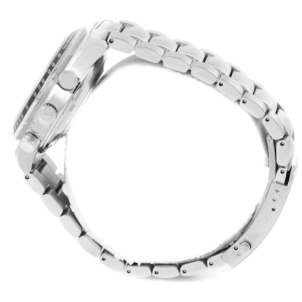 The image shows a side view of the Omega Speedmaster 323.30.40.40.06.001 Men's Stainless Steel Grey Dial 323.30.40.40.06.001 Men's Stainless Steel Grey Dial watch, highlighting its metal bracelet and case.