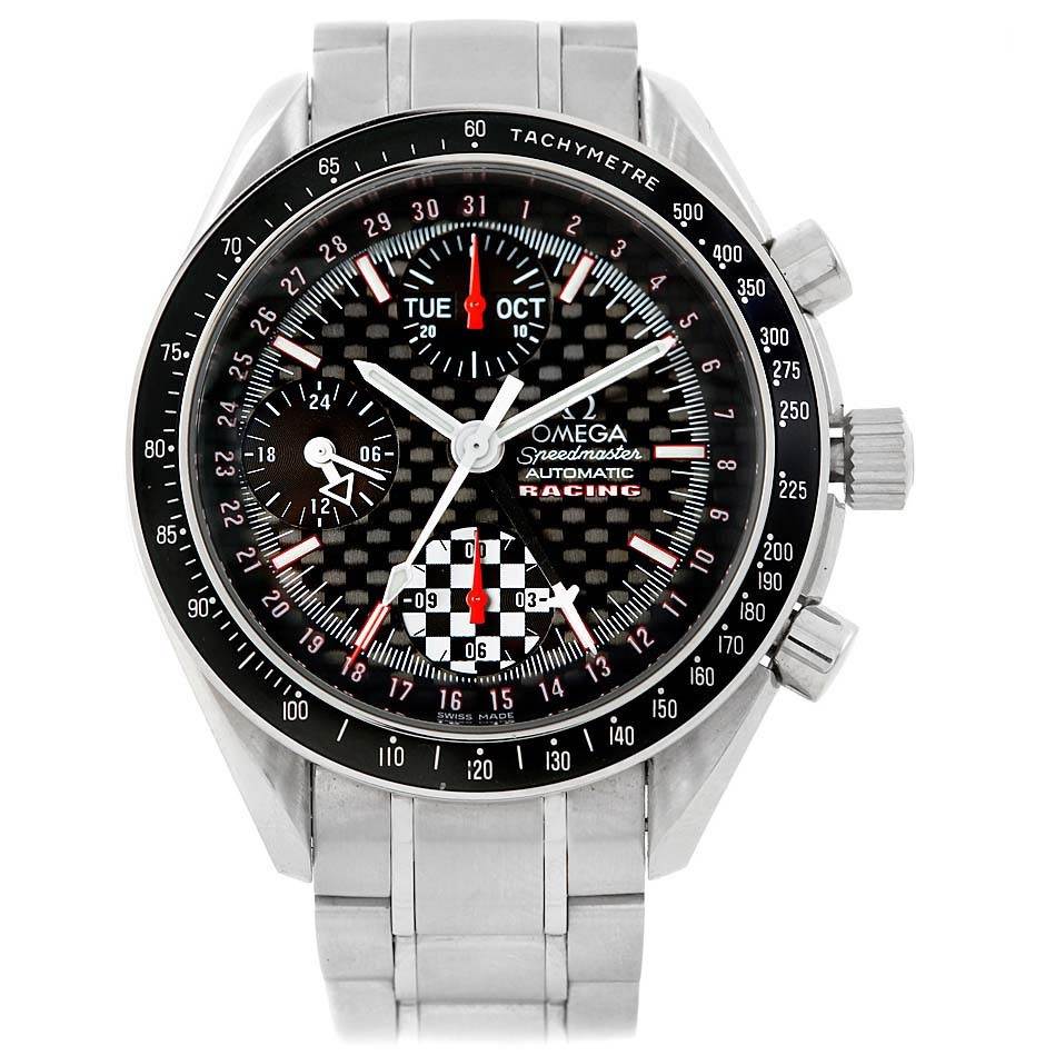 The image shows a front view of an Omega Speedmaster 3529.50.00 Men's Stainless Steel Black Dial 3529.50.00 Men's Stainless Steel Black Dial Racing Automatic watch, highlighting its dial, chronograph subdials, and bracelet.