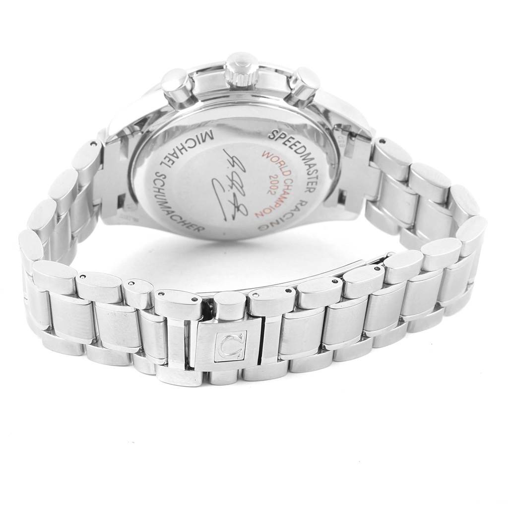 The image shows the back case and bracelet of an Omega Speedmaster 3529.50.00 Men's Stainless Steel Black Dial 3529.50.00 Men's Stainless Steel Black Dial model watch at a slightly angled rear view.