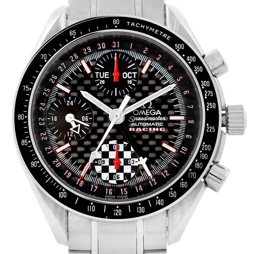 This is a close-up view of an Omega Speedmaster 3529.50.00 Men's Stainless Steel Black Dial 3529.50.00 Men's Stainless Steel Black Dial Racing watch showing the dial, subdials, and tachymeter bezel.