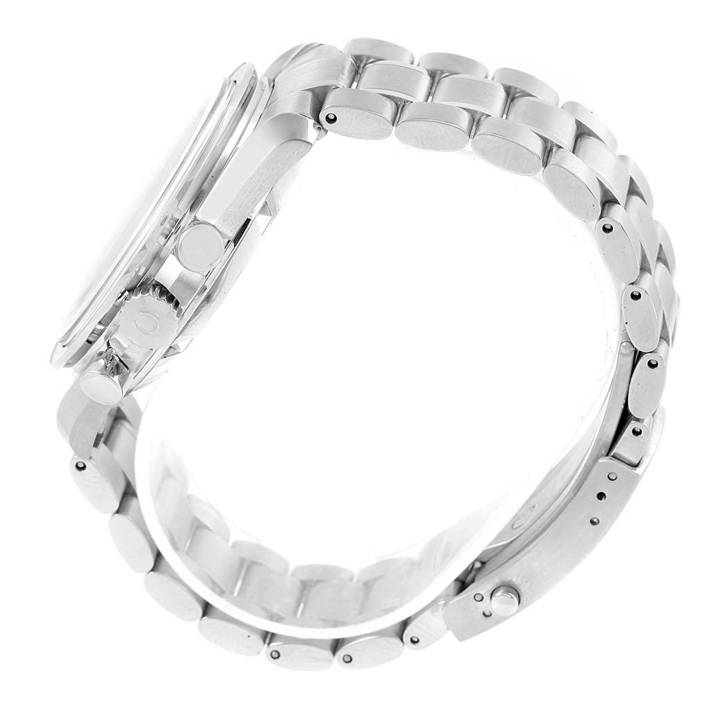 The image shows a side view of an Omega Speedmaster 3570.50.00 Men's Stainless Steel Black Dial 3570.50.00 Men's Stainless Steel Black Dial watch, displaying the bracelet, crown, and pushers.