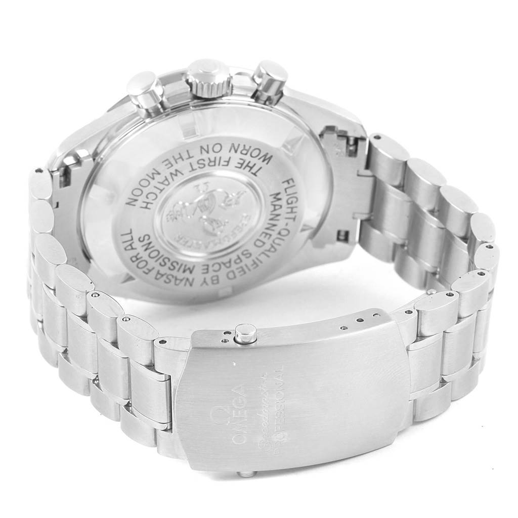 The image shows the back case and bracelet of an Omega Speedmaster 3570.50.00 Men's Stainless Steel Black Dial 3570.50.00 Men's Stainless Steel Black Dial watch, including the clasp and engraved text.