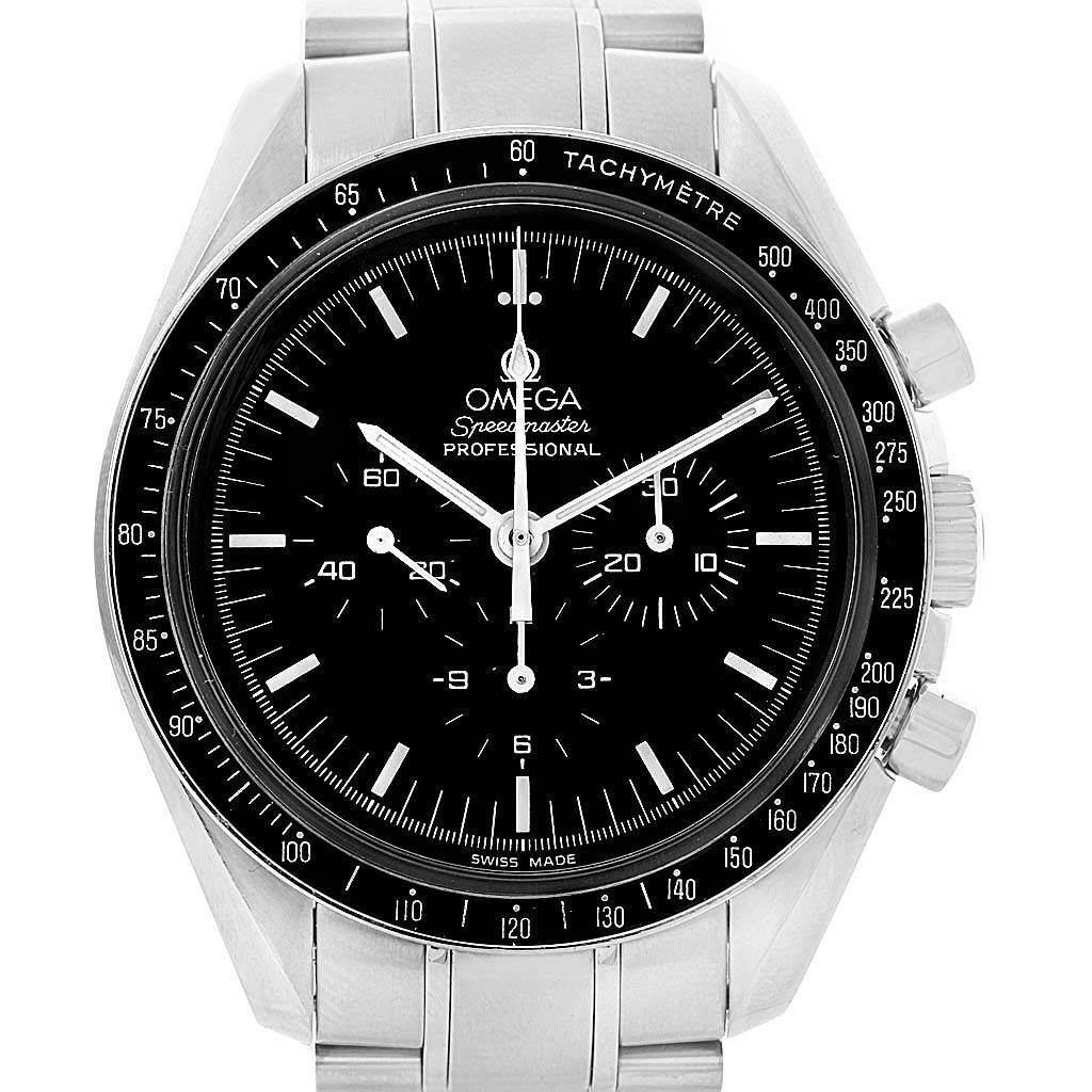 This is a close-up, front view of the Omega Speedmaster 3570.50.00 Men's Stainless Steel Black Dial 3570.50.00 Men's Stainless Steel Black Dial featuring its dial, bezel, and stainless steel bracelet.
