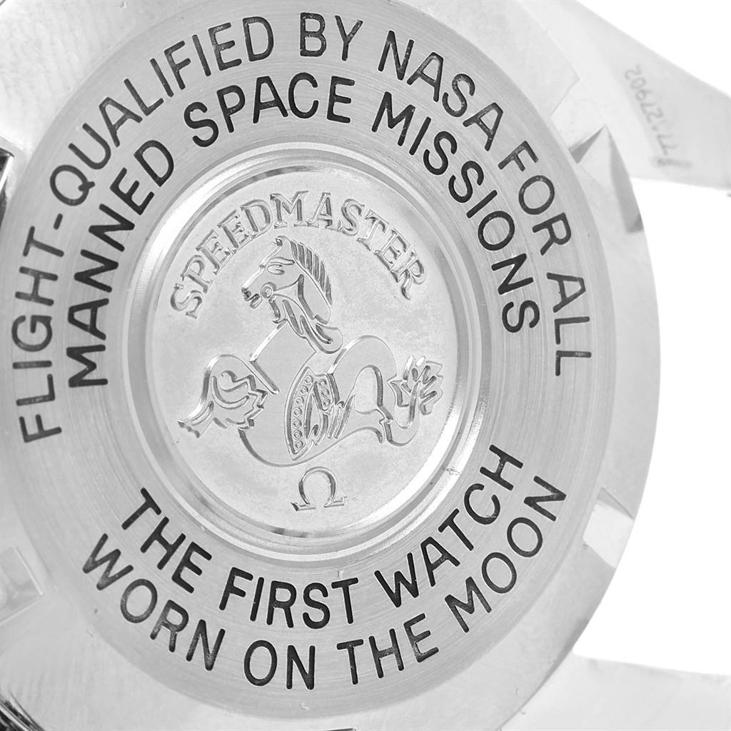 The image shows the back case of an Omega Speedmaster 3570.50.00 Men's Stainless Steel Black Dial 3570.50.00 Men's Stainless Steel Black Dial watch, highlighting its NASA qualification and moon landing inscription.