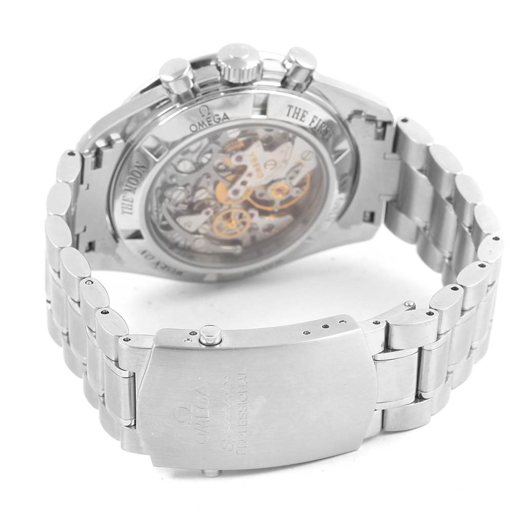 The image shows the back view of an Omega Speedmaster 3573.50.00 Men's Stainless Steel Black Dial 3573.50.00 Men's Stainless Steel Black Dial watch, displaying the case back and stainless steel bracelet.