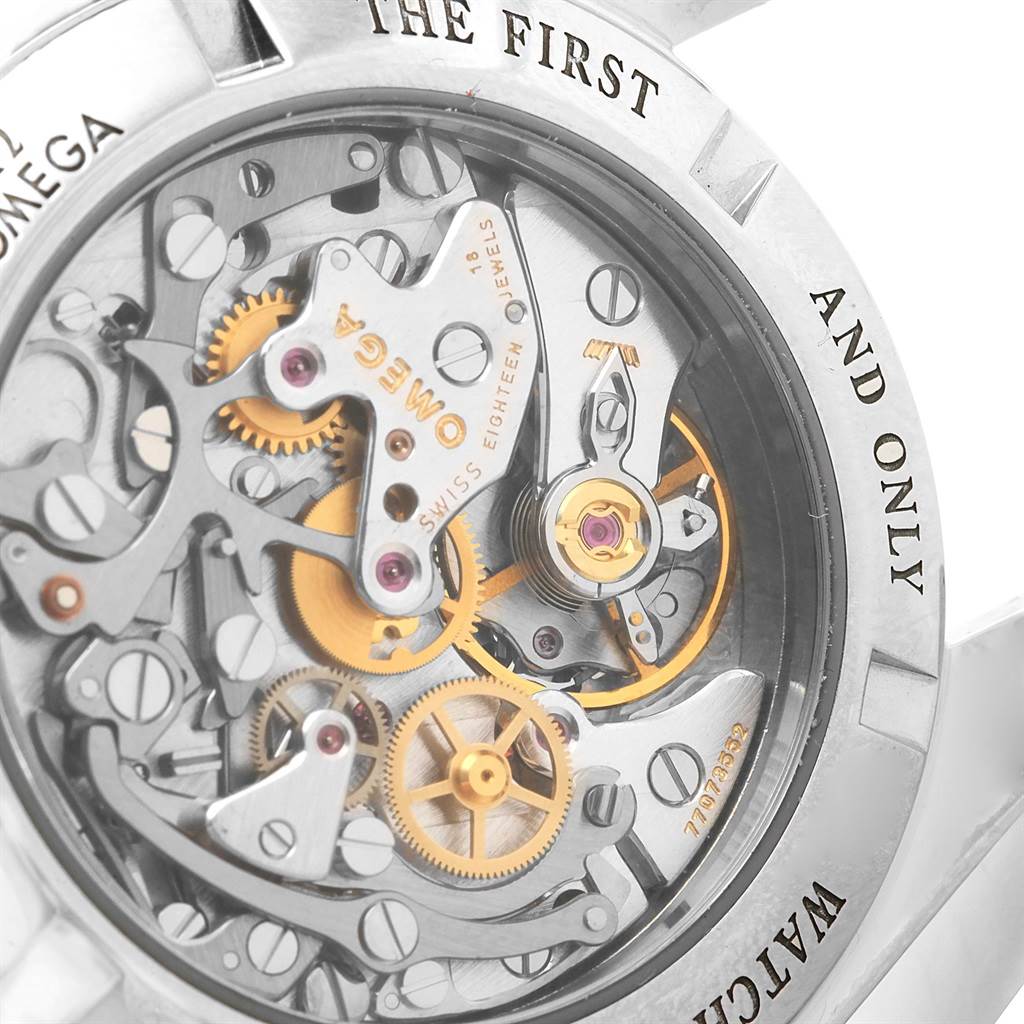 The image shows the intricate internal mechanics and movement of an Omega Speedmaster 3573.50.00 Men's Stainless Steel Black Dial 3573.50.00 Men's Stainless Steel Black Dial watch from a back view.