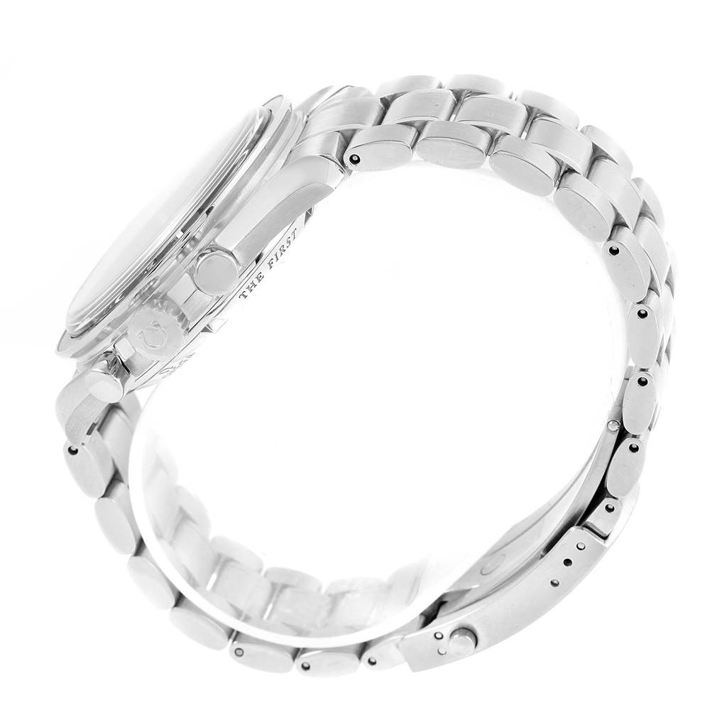 The Omega Speedmaster 3573.50.00 Men's Stainless Steel Black Dial 3573.50.00 Men's Stainless Steel Black Dial watch is shown from a side angle, highlighting its crown, case, and metal bracelet.