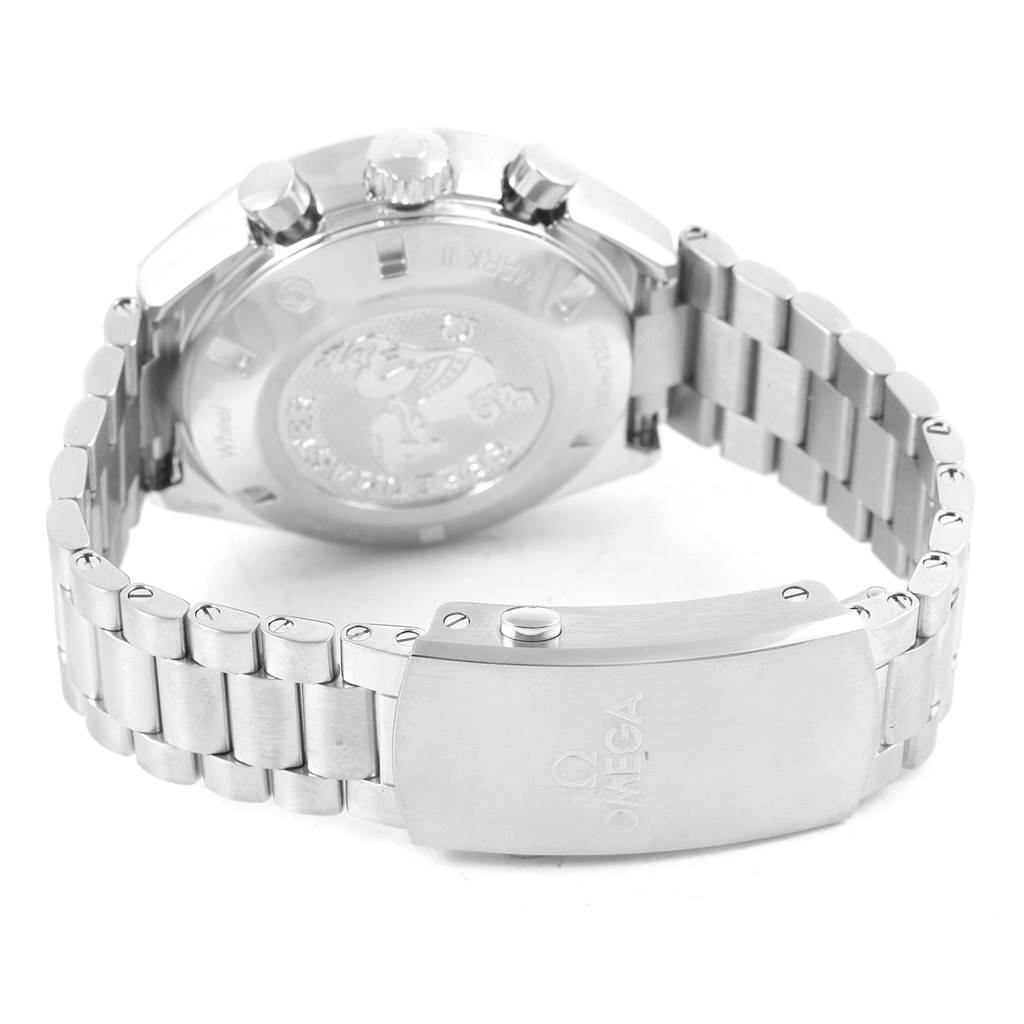 The image shows the back case and clasp of the Omega Speedmaster 327.10.43.50.06.001 Men
s Stainless Steel Grey Dial 327.10.43.50.06.001 Men
s Stainless Steel Grey Dial watch at an oblique angle.