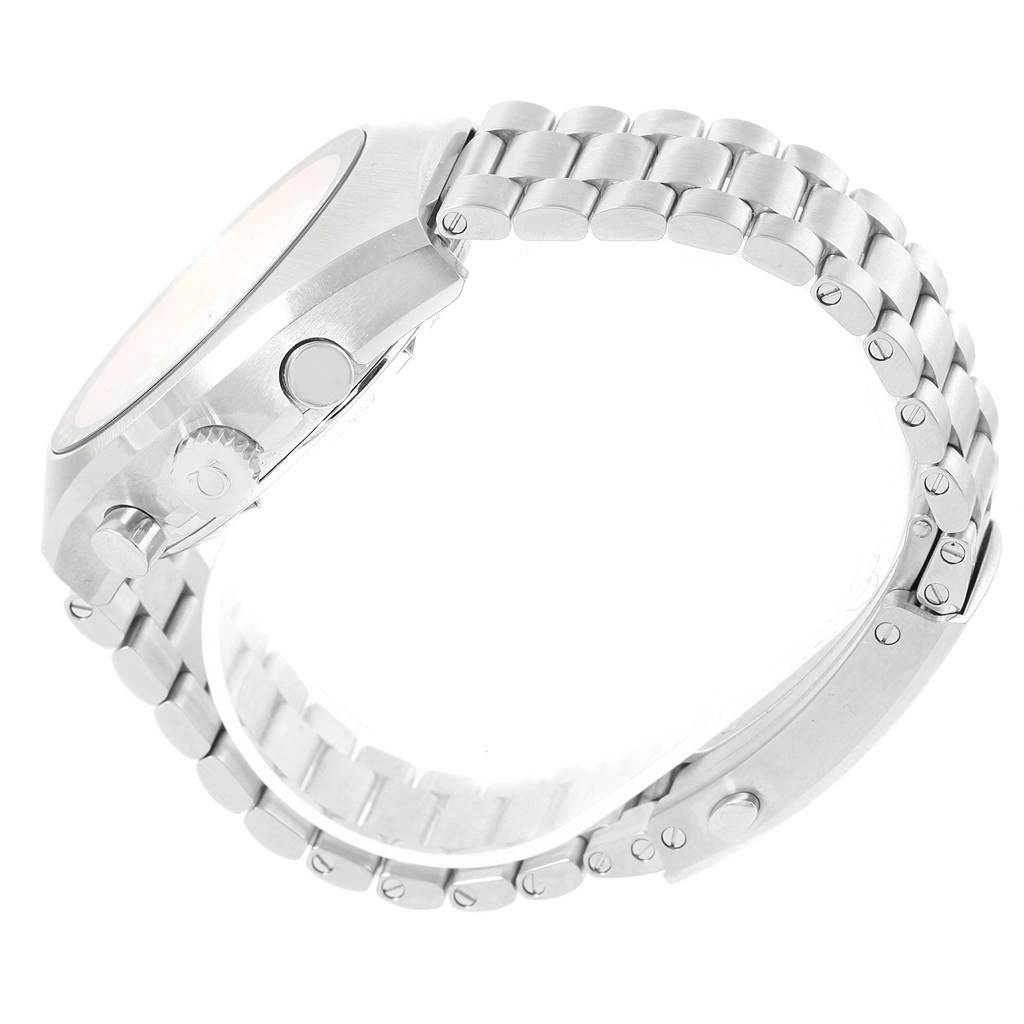 The image shows a side view of an Omega Speedmaster 327.10.43.50.06.001 Men
s Stainless Steel Grey Dial 327.10.43.50.06.001 Men
s Stainless Steel Grey Dial watch, highlighting its crown, pushers, and metal bracelet.