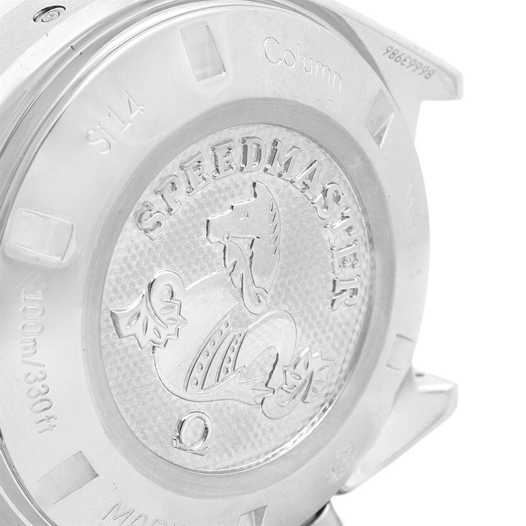 The image shows the back case of an Omega Speedmaster 327.10.43.50.06.001 Men
s Stainless Steel Grey Dial 327.10.43.50.06.001 Men
s Stainless Steel Grey Dial watch, featuring the engraved logo and identifying markings.