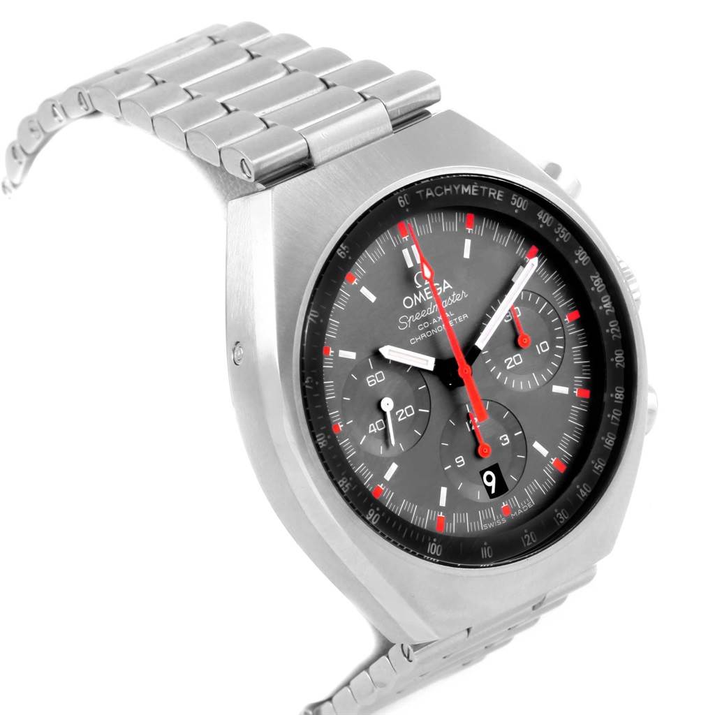 The Omega Speedmaster 327.10.43.50.06.001 Men
s Stainless Steel Grey Dial 327.10.43.50.06.001 Men
s Stainless Steel Grey Dial watch is shown at an angle emphasizing its dial, bezel, and stainless steel bracelet.