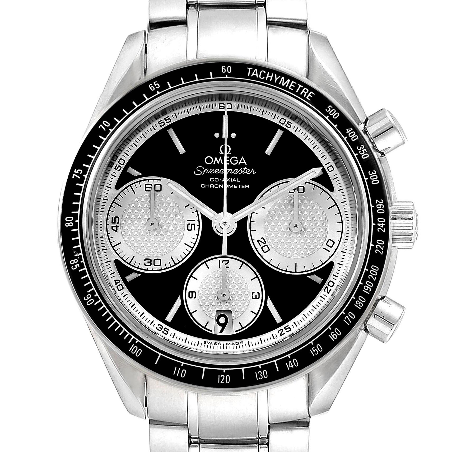 The image shows a front view of the Omega Speedmaster 326.30.40.50.01.002 Men's Stainless Steel Black Dial 326.30.40.50.01.002 Men's Stainless Steel Black Dial watch, detailing the dial, subdials, and tachymeter bezel.