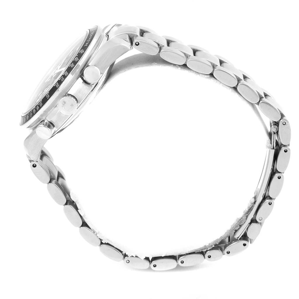 The image shows the side view of an Omega Speedmaster 3529.50.00 Men's Stainless Steel Black Dial 3529.50.00 Men's Stainless Steel Black Dial watch, highlighting the bracelet and chronograph pushers.