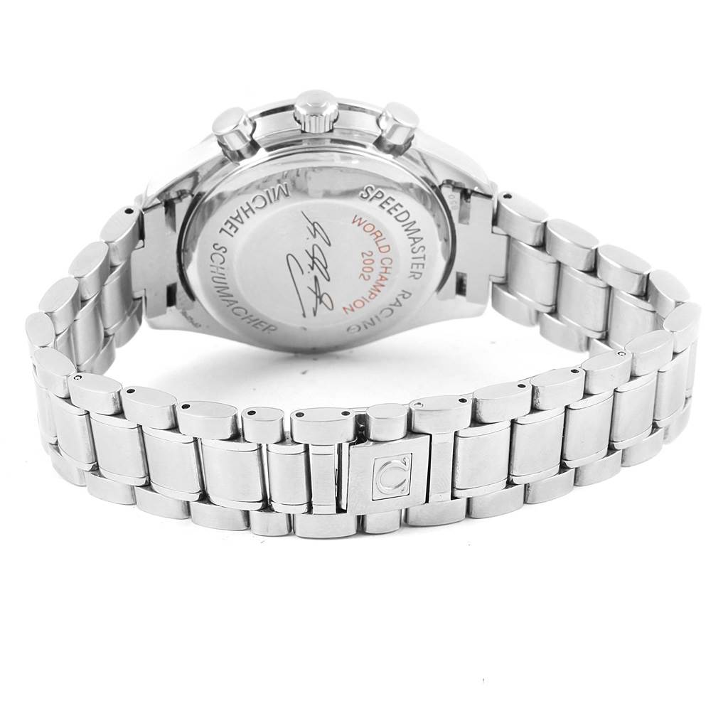 The image shows the back view of the Omega Speedmaster 3529.50.00 Men's Stainless Steel Black Dial 3529.50.00 Men's Stainless Steel Black Dial watch, highlighting the stainless steel bracelet and engraved case back.